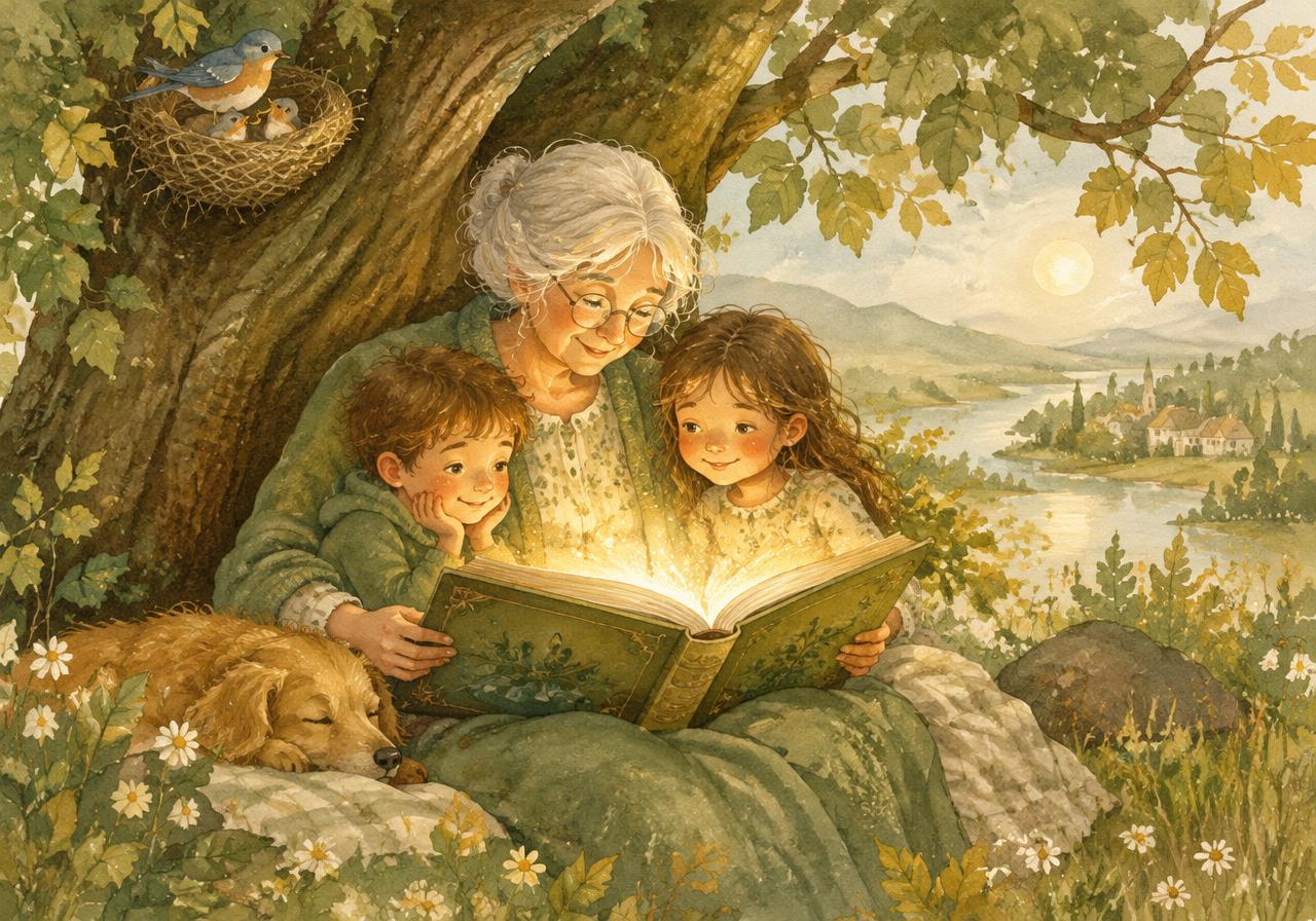 Grandmother reading a glowing storybook with two children